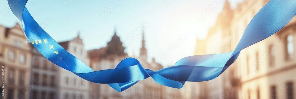 Poster the flag of the european union hanging from a building, symbolizing unity and celebration in an eu c