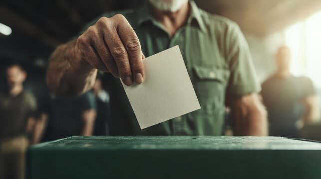 An older man confidently casts his vote at a local polling station, showcasing the importance of participation in democracy and engaging the older demographic in civic activities.
