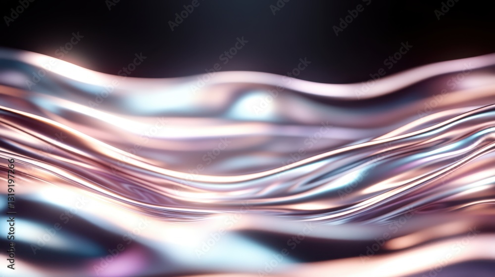 Poster an artistic representation of fluid metallic waves, featuring a dynamic interplay of colors and refl