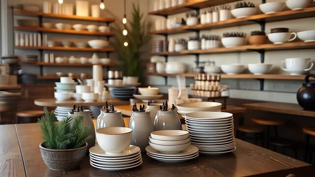 Modern dining setup with stylish tableware, including plates, bowls, and cups, beautifully arranged on wooden shelves, enhancing home decor and interior design for cozy kitchen atmosphere.