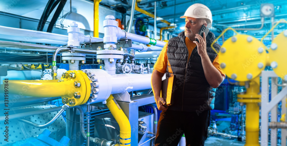 Poster man inside gas compressor station. factory technologist is talking on phone. man in hangar with gas 