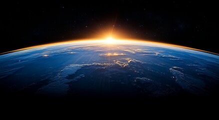 Obraz premium The sun is rising over the earth. Blue planet Earth with starlight and sun in the space background.