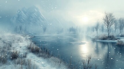 Fototapeta premium Snowy winter landscape with frozen river and mountains