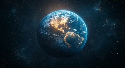 Fototapeta premium A blue planet with a bright orange sun in the sky. Blue planet Earth with starlight and sun in the space background.