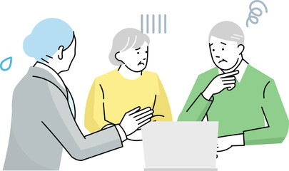 man and woman-Senior couple consulting with female advisor - advice for troubled times - advice vector illustration