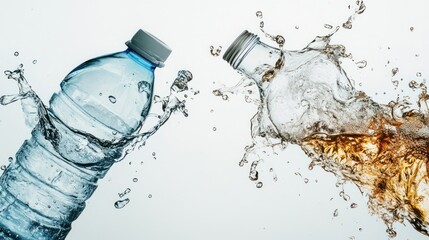 Sparkling water and soft drink plastic bottles in motion, splashing