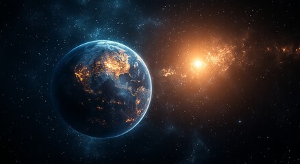 Obraz premium A planet with a sun in the background. Blue planet Earth with starlight and sun in the space background.