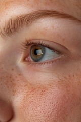 Obraz premium Closely examining a person's eye, showcasing the iris, pupil and fine textures on the skin.