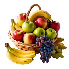 A basket of fruit and grapes isolated on a transparent background