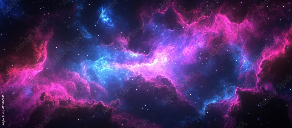 Poster a colorful space with a purple cloud in the middle. a stunning nebula in the universe, with stars an