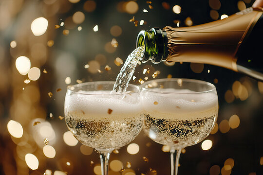 Champagne pouring into flutes, festive confetti.