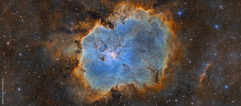 Poster a large blue and orange star in the sky. a stunning nebula in the universe, with stars and dust clou