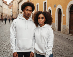 Young African American couple wearing blank basic plain white hoodies standing in European old town city street. Mock up template for sweatshirt design, print area for logo design