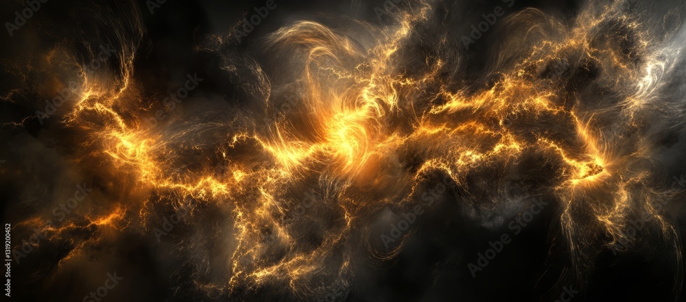 Poster a long yellow line with a black background. a stunning nebula in the universe, with stars and dust c
