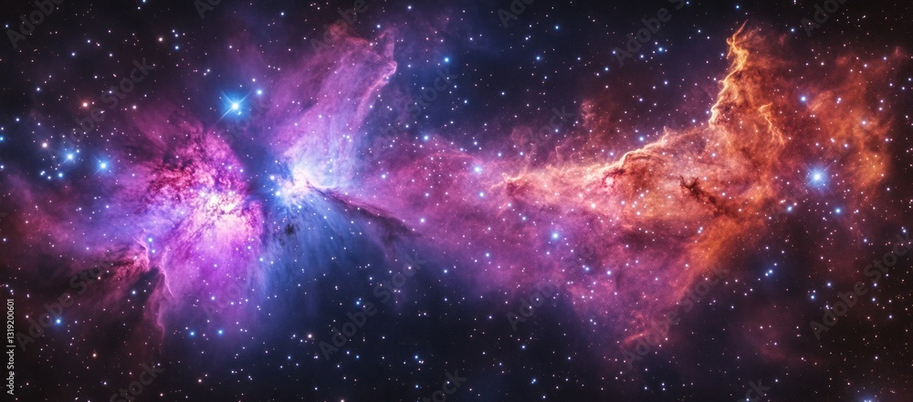 Poster a colorful galaxy with a purple and orange cloud. a stunning nebula in the universe, with stars and 