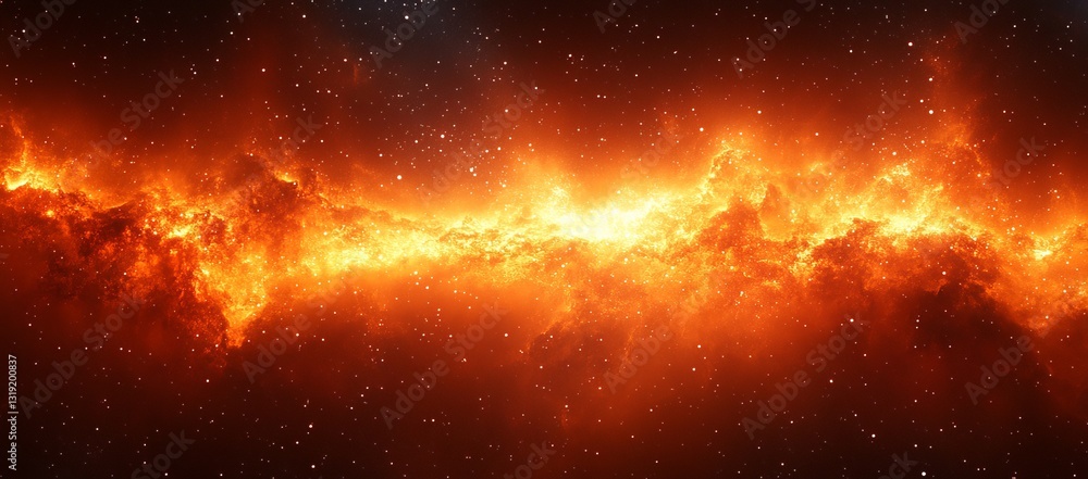 Poster a long orange line with stars in the background. a stunning nebula in the universe, with stars and d