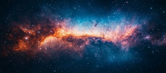 A starry sky with a blue and orange line. A stunning nebula in the universe, with stars and dust clouds forming intricate patterns against an expansive background of deep space.