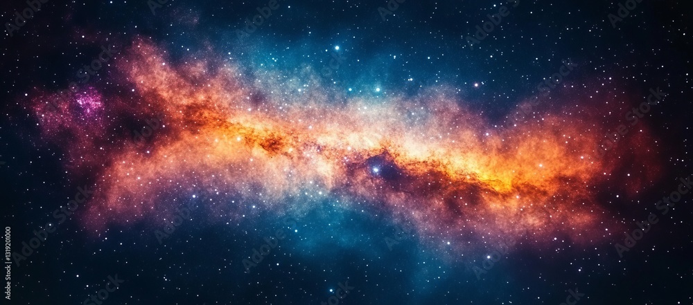 Poster a galaxy with a bright orange star in the middle. a stunning nebula in the universe, with stars and 