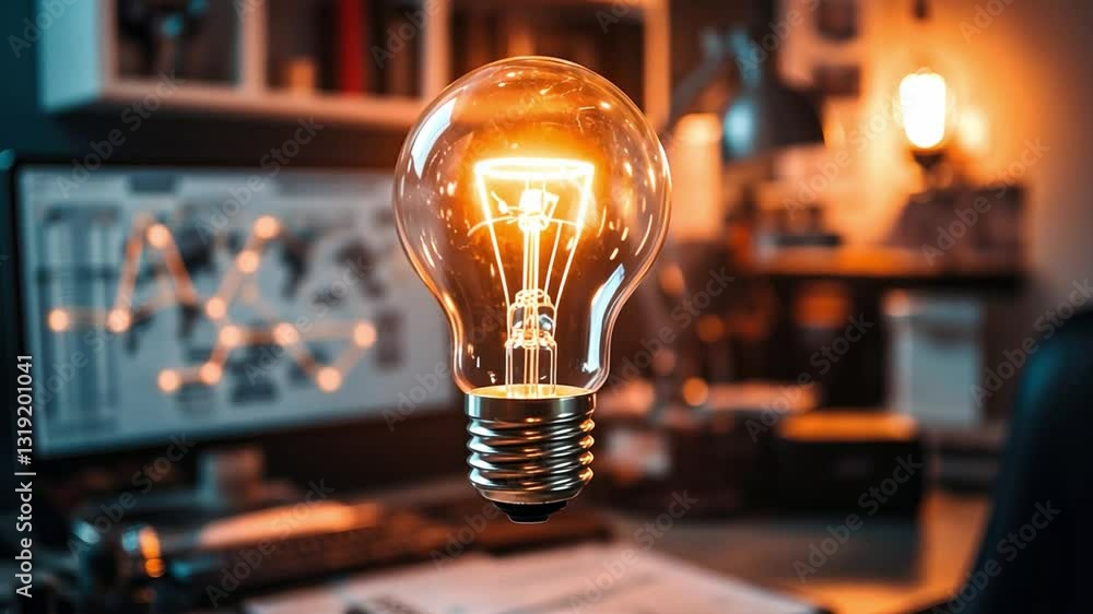 Poster illuminated light bulb symbolizes innovation and creativity in modern office workspace, showcasing t