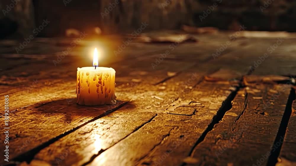 Poster glowing candle on rustic wooden floor warm light and flickering flame create inviting atmosphere wit