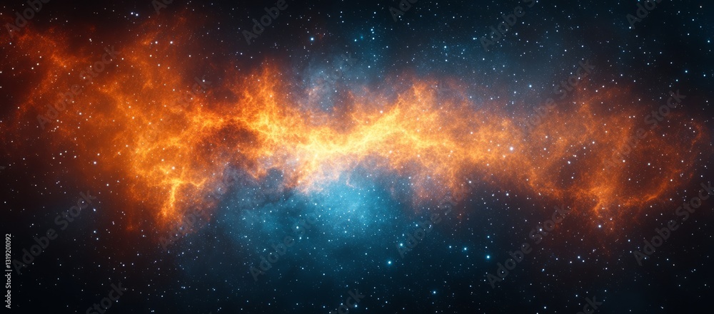 Poster a space background with orange and blue colors. a stunning nebula in the universe, with stars and du