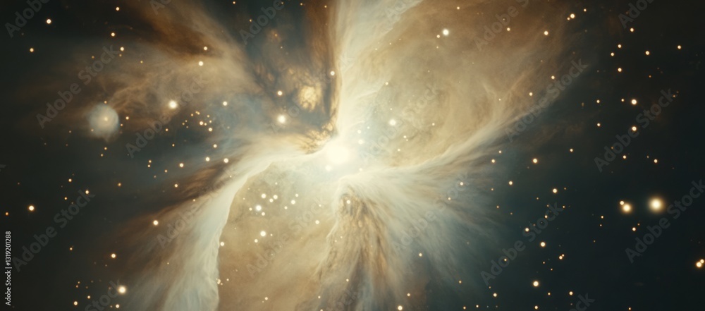 Poster a star is surrounded by a cloud of dust and gas. a stunning nebula in the universe, with stars and d