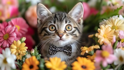 Adorable kitten among colorful flowers