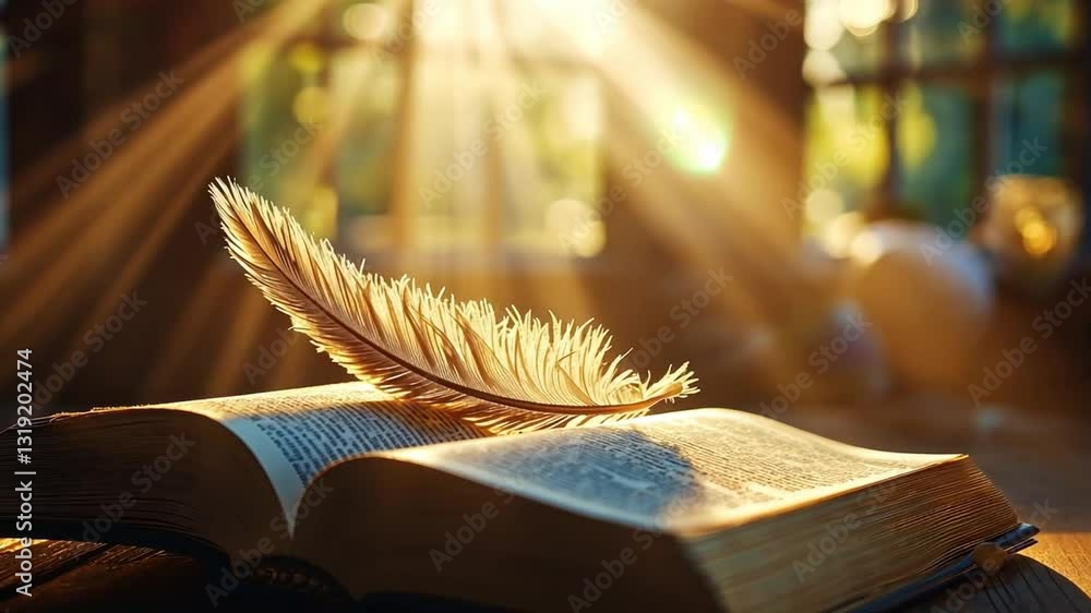 Poster open book with feather quill sunlight streaming through window, creating warm atmosphere of inspirat