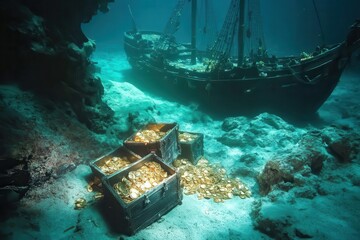 Fototapeta premium Sunken pirate ship and treasure chests resting on the ocean floor