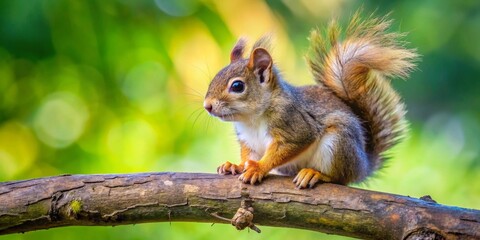 Obraz premium A Vibrant Young Squirrel Perched on a Branch, Against a Lush Green Background, Displaying its Striking Fur and Bushy Tail