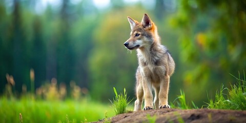 Fototapeta premium A Young Canid Standing in a Lush Green Meadow, Gazing Pensively into the Distance, Its Fur a Blend of Light and Dark Tones, a Symbol of Untamed Wilderness
