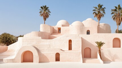 Modern desert architecture with palm trees.
