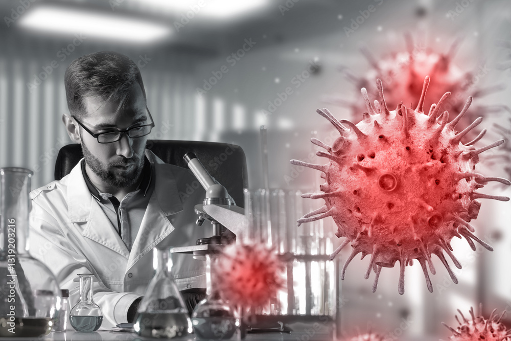 Poster man scientist works in laboratory. virus molecules in front of doctor. scientist with microscope at 