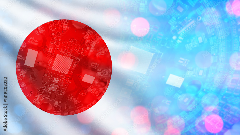 Poster microelectronics production in japan. microboard background. japan flag on computer board. microelec