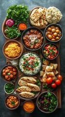 Fototapeta premium An inviting assortment of colorful dishes arranged neatly on a large wooden platter invites guests to explore a culinary adventure