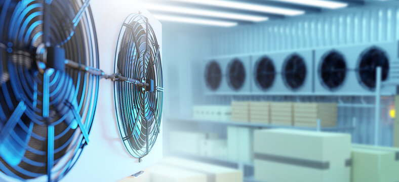 Industrial refrigeration chamber. Freezer warehouse from inside. Air conditioning in refrigerator compartment. Warehouse for storing frozen products. Industrial refrigeration technologies. 3d image