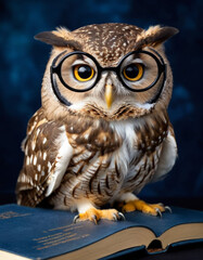 Fototapeta premium Fluffy owl wearing small glasses perched on an open book against a deep blue background. Wisdom, knowledge, education, magical learning concept.