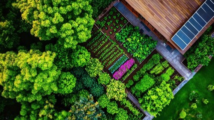 Aerial view of a vibrant garden surrounded by lush trees, showcasing rows of various plants and colorful flowers, with a wooden structure in the background.