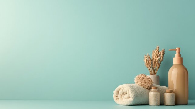 Serene setting with towels and bath products.