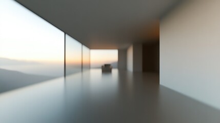 Fototapeta premium Modern minimalist interior with stunning mountain view at sunset