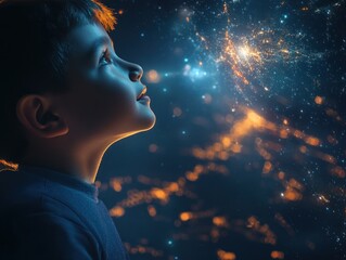 A young boy gazes in awe at a stunning cosmic scene filled with stars and glowing galaxies, inspiring wonder and imagination