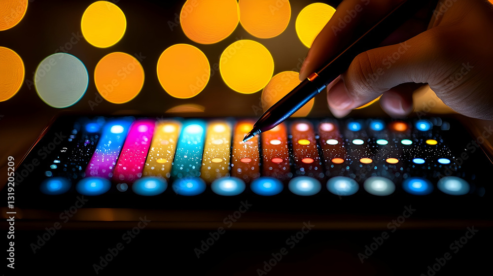 Poster hand using stylus on tablet displaying colorful, vibrant digital interface