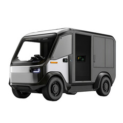 Grey and Black Electric Delivery Van with Open Side Door Transparent PNG Background