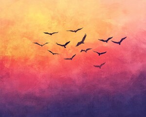 Artistic abstract summer sky, dreamy sunrise and scattered flock of birds