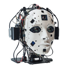 White Robotic Face with Cameras and Circuitry Transparent PNG Background