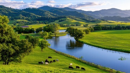 Fototapeta premium A picturesque landscape featuring rolling green hills, a winding river, and grazing cows under a bright blue sky with fluffy clouds.