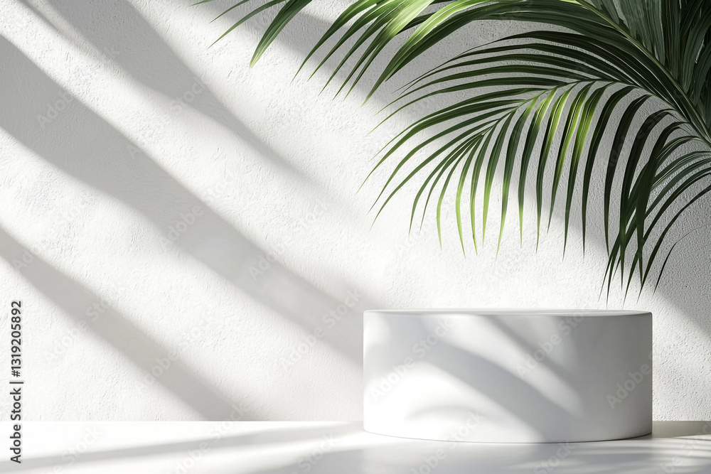 Poster white minimalist product display with palm leaf shadows and sunlight 3d clean scene image mockup