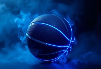 Glowing Lines on a Dark Basketball in Blue Haze A Dramatic Sport Image