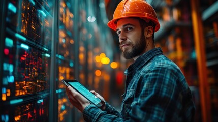 Technicians inspecting server room,  modern data center, technology infrastructure, digital transformation