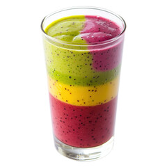Layered Smoothie with Green, Red and Yellow Sections in Clear Glass Transparent PNG Background